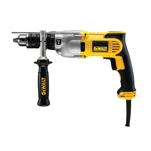 A DEWALT electric drill with a side handle and a black and yellow design, shown against a white background.
