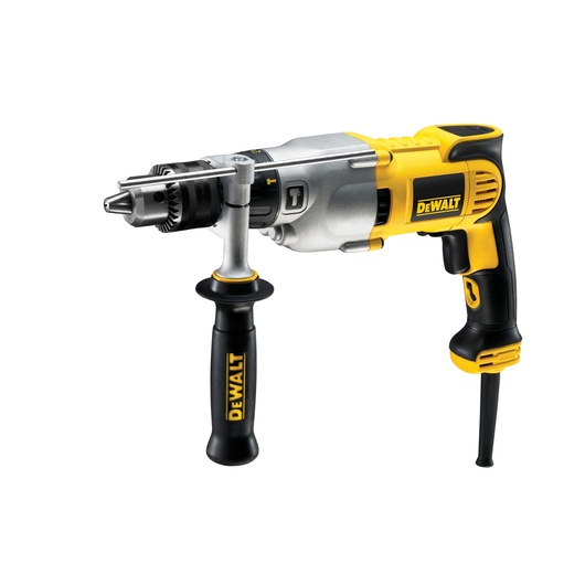A yellow and black DEWALT corded drill with an auxiliary side handle and a depth rod, shown against a white background.