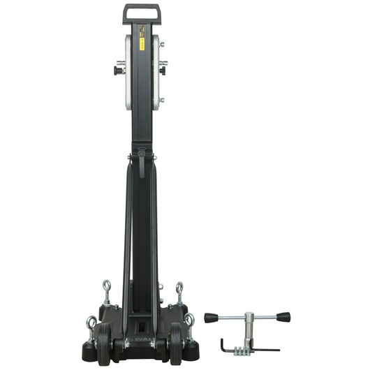 Front view of a DEWALT drill stand designed for photography or camera mounting, featuring a sturdy base with wheels and locking rings, alongside a separate metal accessory with handles on each side.