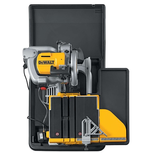 Top view of a DEWALT tile saw with a yellow and black color scheme, enclosed in a protective black case.