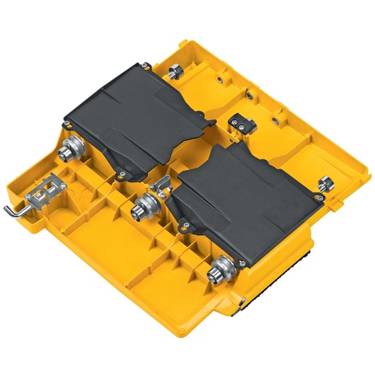 Close-up view of a yellow DEWALT tile saw tray with black and metal components, designed for use with the D24000 model.
