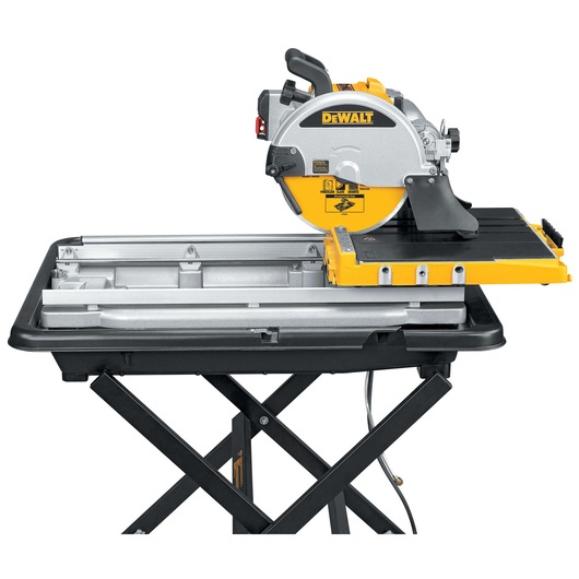 A DEWALT D24000 tile saw with a stand, featuring a circular blade and a yellow and black design.
