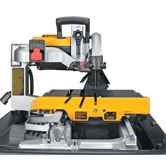 DEWALT D24000 tile saw with a yellow and silver base, black cutting surface, and adjustable cutting head, shown from the front on a white background.