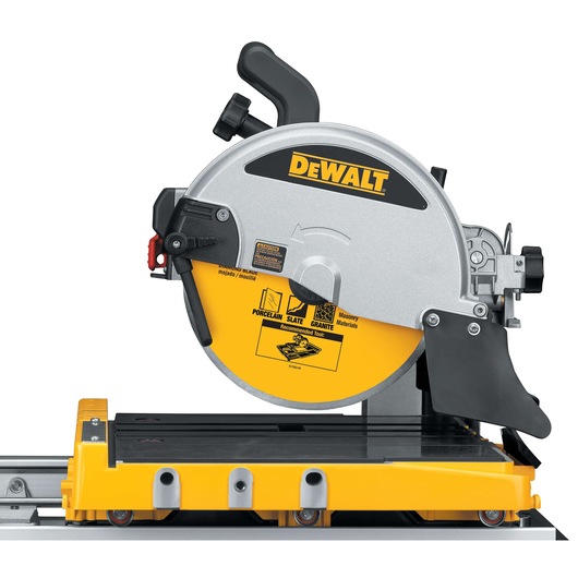 A DEWALT D24000 tile saw with a yellow and silver body, black handle, and visible blade, designed for cutting materials like porcelain, slate, granite, and masonry.