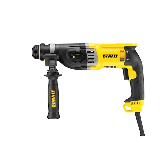 A DEWALT branded electric rotary hammer drill with a black and yellow design, featuring a side handle for extra grip and a cord for powering the tool.