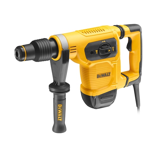 Yellow and black DEWALT rotary hammer drill with side handle, designed for heavy-duty work.