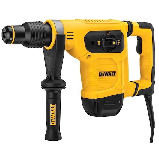 Yellow DEWALT rotary hammer drill with side handle and cord, suitable for heavy-duty drilling tasks.