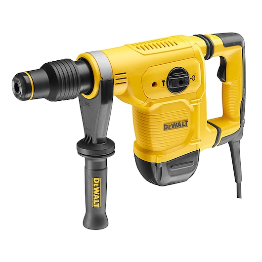 Yellow and black DEWALT corded rotary hammer drill with side handle, shown on a white background.