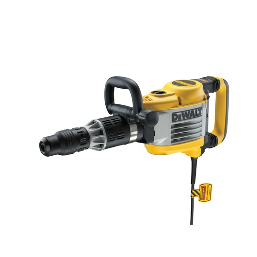 A DEWALT electric demolition hammer with a yellow and black design, featuring a robust handle and metal body, shown against a white background.