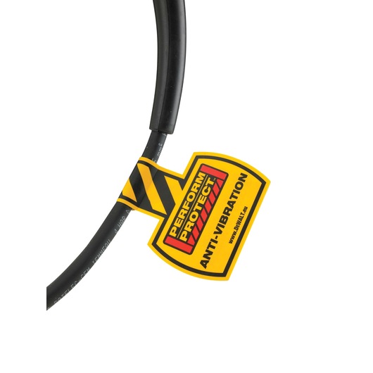 Close-up view of a black cable with a yellow and black label attached to it, displaying the text 'PERFORM PROTECT ANTI-VIBRATION' from DEWALT.