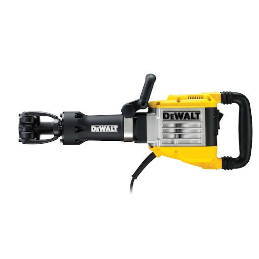 A DEWALT branded electric demolition hammer with a yellow and black casing, featuring a side handle and a cord for power, shown against a white background.