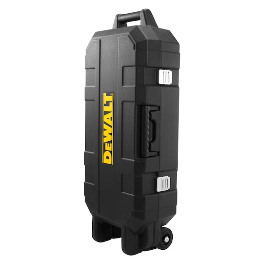 A black DEWALT-branded wheeled carrying case with a handle, designed for transporting tools or equipment.