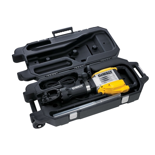 A DEWALT demolition hammer in a hard plastic carrying case. The tool features a black and yellow body and comes with accessories organized within the case.