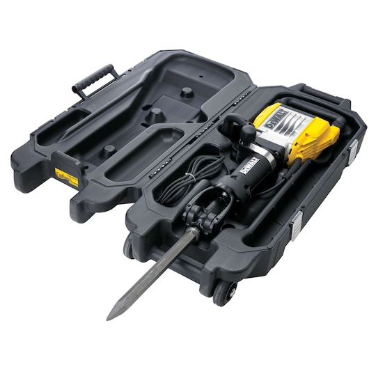A DEWALT demolition hammer with a pointed chisel, placed inside a durable black carrying case with wheels. The case is open, showing the hammer, its power cord, and organized compartments.