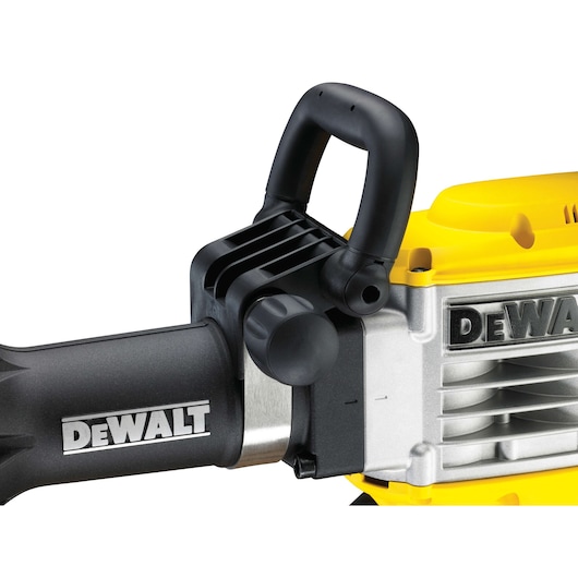 Close-up view of a DEWALT electric demolition hammer with a black handle and silver and yellow body.