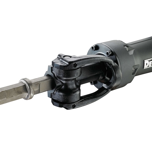 Close-up view of a DEWALT demolition hammer with a chisel bit installed, showing the robust metal head and attachment mechanism.