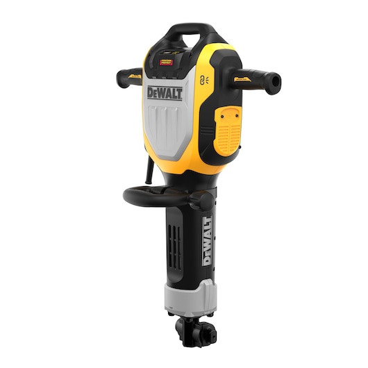 A DEWALT electric jackhammer with yellow and black design, ergonomic handles, and a robust build, shown upright on a white background.