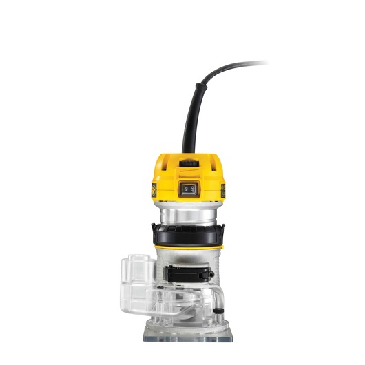 A DEWALT D26200 compact router with a yellow and silver body, clear plastic base, and a black power cord, photographed against a white background.