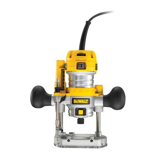 A DEWALT D26203 wood router with a yellow and silver body, two black handles, and an electric cord, designed for precision woodworking tasks.