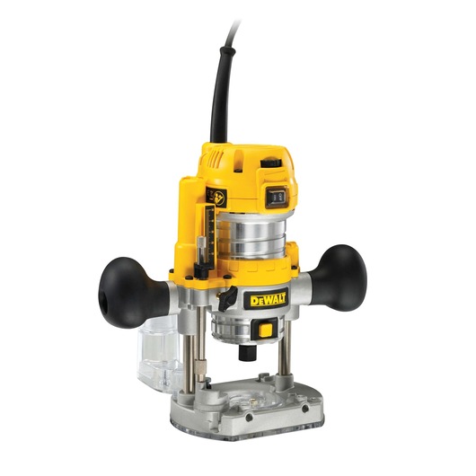 A DEWALT plunge router power tool with a yellow and black body, ergonomic handles, and a clear base, designed for woodworking tasks.