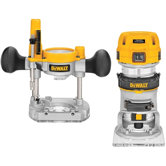 Two DEWALT woodworking routers are shown, one with a plunge base and large black handles, and the other with a fixed base. Both have a yellow and silver body with DEWALT branding.
