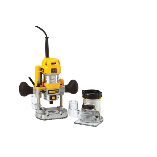 DEWALT electric router with yellow and black housing, shown with an additional removable base attachment. The tool is used for woodworking and features ergonomic handles and a clear plastic dust shield.