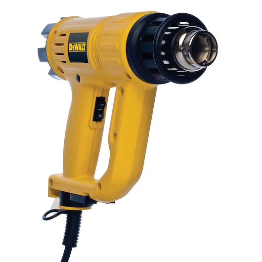 A yellow DEWALT heat gun with a black nozzle and handle, shown from a side view against a white background.