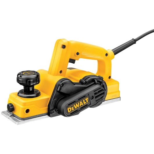 Yellow and black DEWALT electric hand planer with adjustable front knob, ergonomic handle, and power cord attached, photographed against a white background.