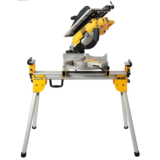 A DEWALT D27113 miter saw with a yellow and silver stand, designed for precise woodworking and cutting tasks.