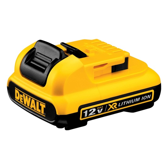 A DEWALT 12V XR lithium-ion battery with a yellow and black design, used for powering compatible cordless tools.