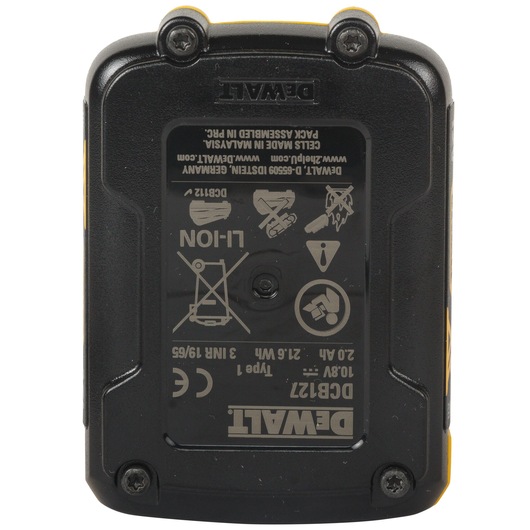 DEWALT DCB127 rechargeable lithium-ion battery pack featuring product information and safety icons on the label. The pack is black with visible screws and yellow branding.
