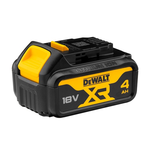 A DEWALT 18V XR 4.0Ah lithium-ion battery, black and yellow in color, designed for power tools.