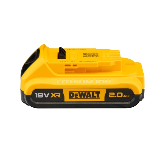 A DEWALT 18V XR lithium-ion battery pack with 2.0 Ah capacity. The battery is yellow and black and features the DEWALT branding on the side.