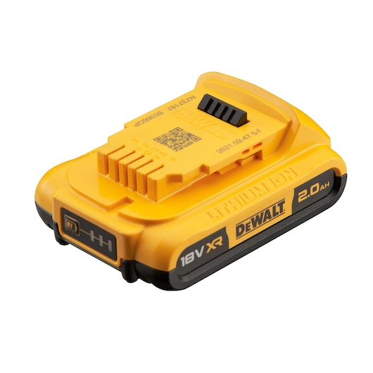 A yellow DEWALT 18V XR lithium-ion battery with 2.0Ah capacity, model DCB183, shown from an angled perspective.