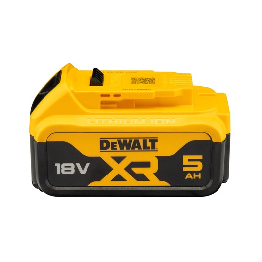 A DEWALT XR 18V 5Ah lithium-ion battery pack, featuring yellow and black coloring with brand and specifications printed on the side.
