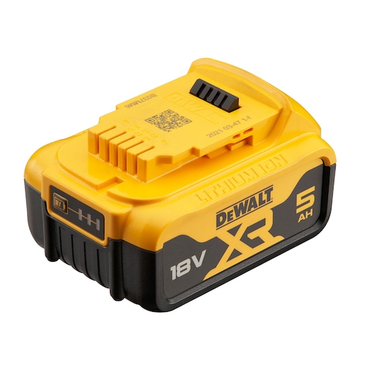 A DEWALT XR lithium-ion battery, 18V with a capacity of 5 Ah, shown in yellow and black color.