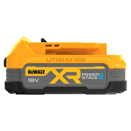 DEWALT XR POWERSTACK 18V lithium-ion battery pack in yellow and gray, shown from the side.