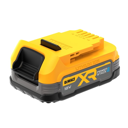 DEWALT XR POWERSTACK 18V lithium-ion battery pack, yellow and black, for power tools.