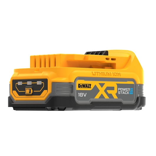 DEWALT XR POWERSTACK 18V lithium-ion battery, yellow and black, viewed from the side.