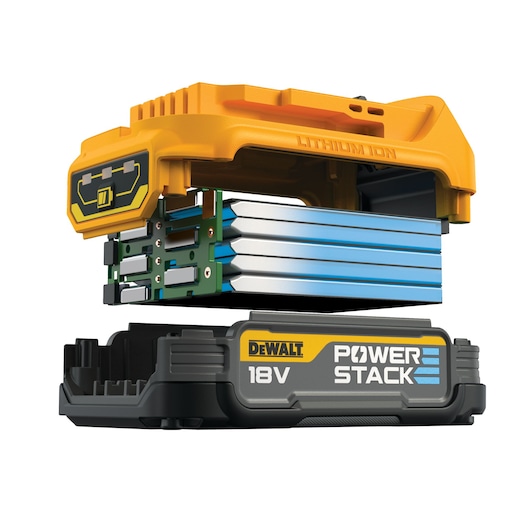 DEWALT POWERSTACK 18V battery with internal cell structure shown in an exploded view.