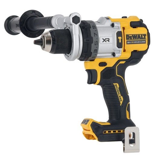 A DEWALT 18V XR brushless cordless drill driver, model DCD1007NT, shown with a side handle and metal belt clip. The drill is mostly yellow and black with silver accents and includes adjustable torque settings.