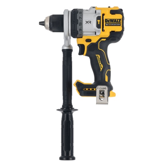 DEWALT cordless power drill with a black side handle, yellow and black body, and metal belt clip. The model number DCD1007NT is visible, and the drill features XR and brushless technology.