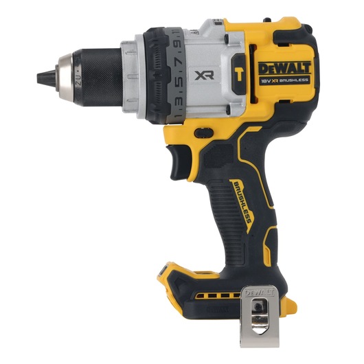 A DEWALT 18V XR brushless cordless drill driver, shown in black and yellow with a metal belt clip and ergonomic grip.