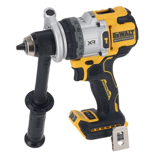 A DEWALT branded cordless 18V brushless power drill with a side handle, shown in yellow and black colors. The drill has a metal chuck, an ergonomic grip, and is designed for heavy-duty tasks.