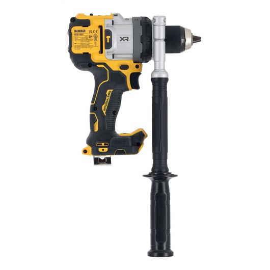 Cordless electric drill with handle, featuring a yellow and black design and labeled DEWALT DCD1007NT XR. Shown from the side against a white background.