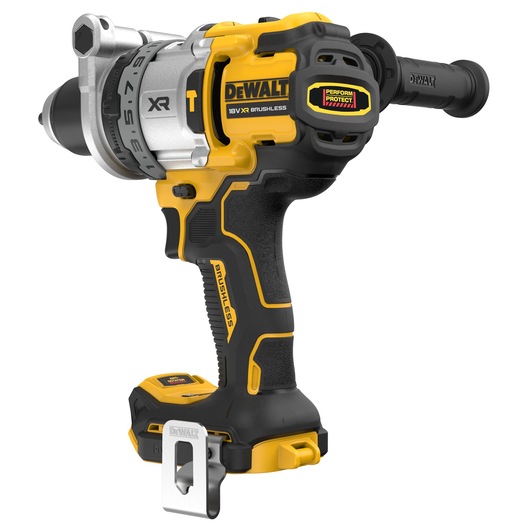 A DEWALT cordless power drill with a yellow and black design, XR Brushless model, featuring a side handle and metal belt clip.