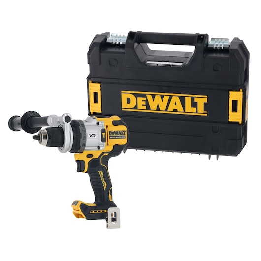A DEWALT cordless power drill with a side handle, placed in front of a black and yellow DEWALT hard carrying case.