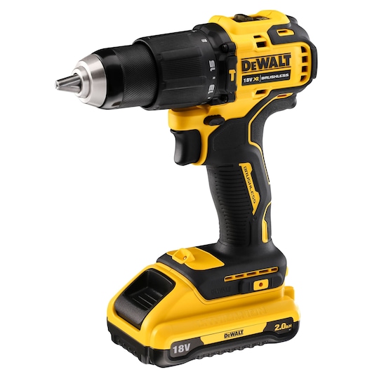 A DEWALT DCD709D2T 18V cordless brushless drill with a yellow and black design, featuring a lithium-ion battery and ergonomic grip.