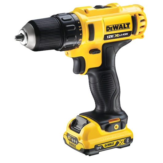 A yellow and black DEWALT cordless power drill, 12V XR Li-Ion model, with a battery attached at the bottom.