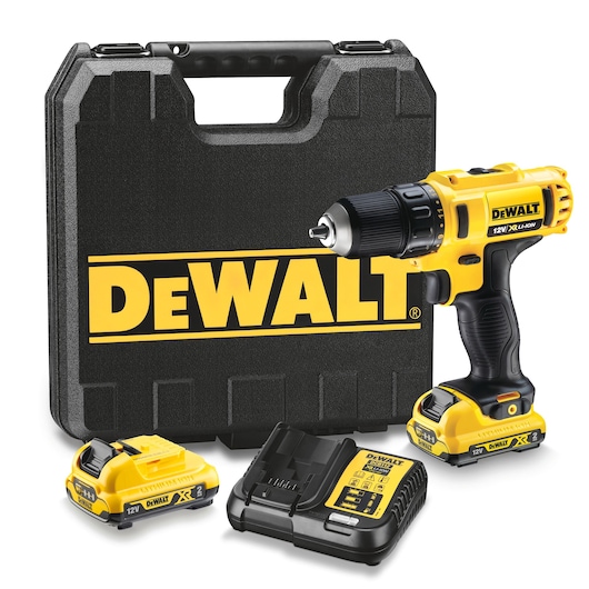 A DEWALT 12V XR cordless drill set, including a yellow and black drill, two lithium-ion batteries, a battery charger, and a sturdy black carrying case with the DEWALT logo.